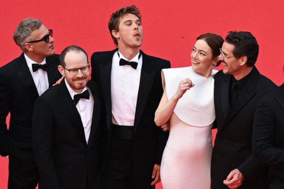 (From Top L) US actor, singer and model Austin Butler (C) blows away a bee, as US actor Joaquin Phoenix (L), US director Ari Aster (2nd L), US actress Emma Stone (2nd R), and Chilean-US actor Pedro Pascal (R) looks on, as they arrive for the screening of the film "Eddington" at the 78th edition of the Cannes Film Festival in Cannes, southern France, on May 16, 2025. (Photo by Antonin THUILLIER / AFP)